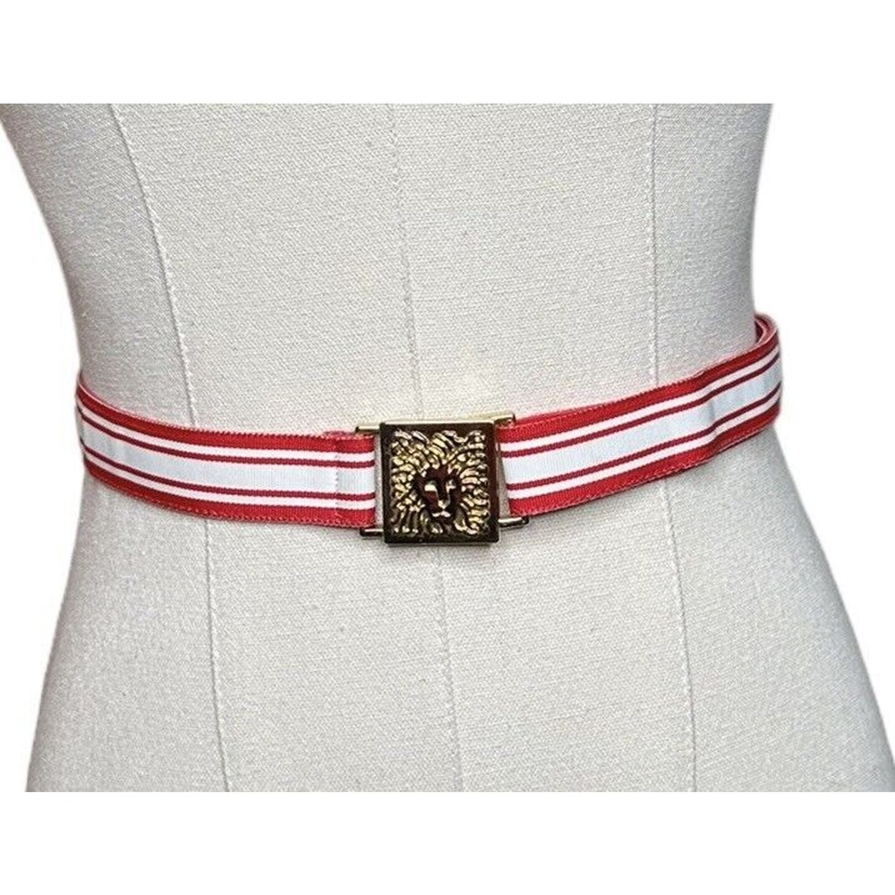 Vintage Anne Klein Studio NYC Gold Lion Buckle Womens Belt Red White 1976
